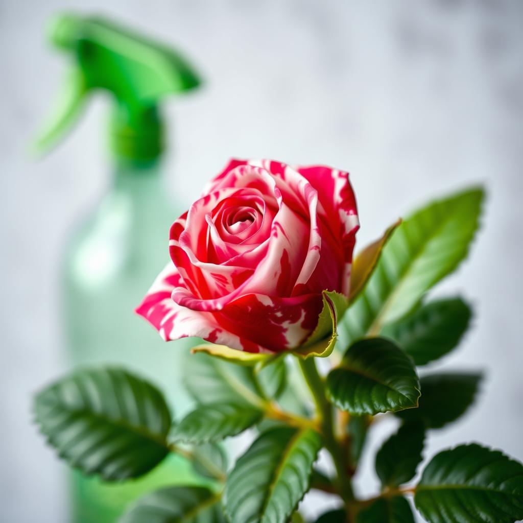 A close-up of a small, vibrant rose bud featuring a mix of deep pink and white swirling patterns on its petals