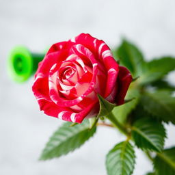 A close-up of a small, vibrant rose bud featuring a mix of deep pink and white swirling patterns on its petals