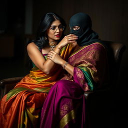 Two sexy Indian women are depicted in a captivating scene