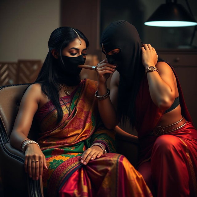 Two sexy Indian women are depicted in a captivating scene