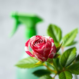 A close-up of a small, vibrant rose bud featuring a mix of deep pink and white swirling patterns on its petals, creating a striking contrast against the lush green foliage surrounding it
