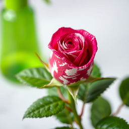 A close-up of a small, vibrant rose bud featuring a mix of deep pink and white swirling patterns on its petals, creating a striking contrast against the lush green foliage surrounding it