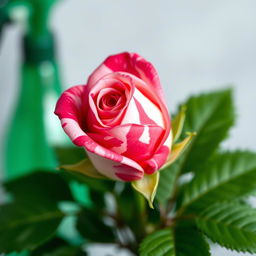 A close-up of a small, vibrant rose bud featuring a mix of deep pink and white swirling patterns on its petals, creating a striking contrast against the lush green foliage surrounding it