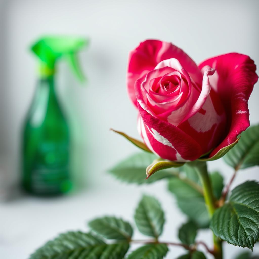 A close-up of a small, vibrant rose bud featuring a mix of deep pink and white swirling patterns on its petals, creating a striking contrast against the lush green foliage surrounding it
