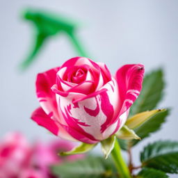 A close-up of a small, vibrant rose bud featuring a mix of deep pink and white swirling patterns on its petals, creating a striking contrast against the lush green foliage surrounding it