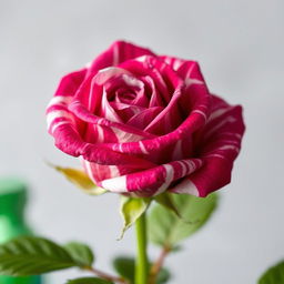 A close-up of a small, vibrant rose bud featuring a mix of deep pink and white swirling patterns on its petals, creating a striking contrast against the lush green foliage surrounding it