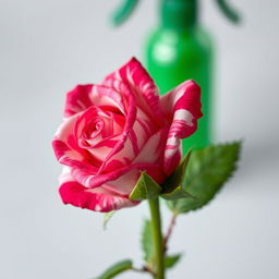 A close-up of a small, vibrant rose bud featuring a mix of deep pink and white swirling patterns on its petals, creating a striking contrast against the lush green foliage surrounding it