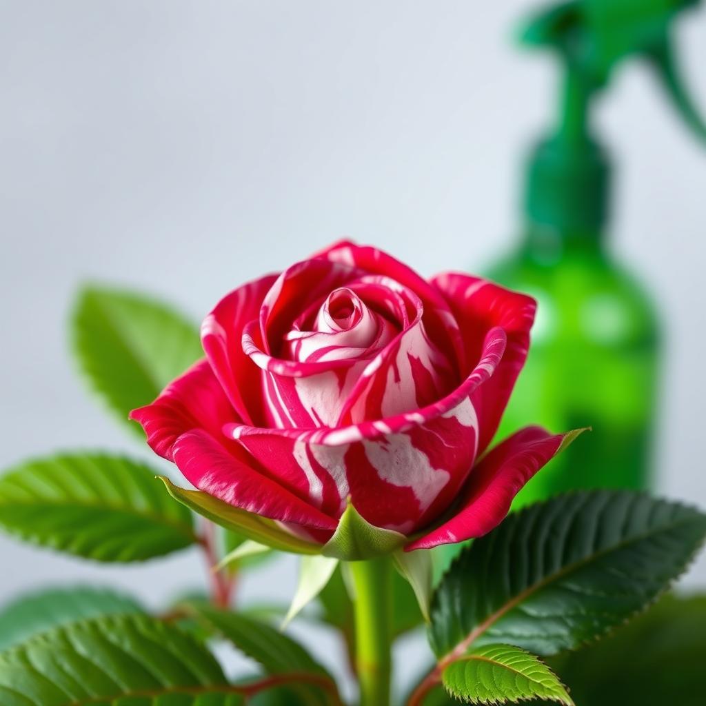 A close-up of a small, vibrant rose bud featuring a mix of deep pink and white swirling patterns on its petals, creating a striking contrast against the lush green foliage surrounding it