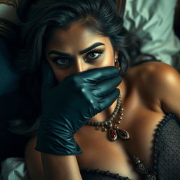A sexy Indian woman is portrayed in a captivating mistress outfit, adorned with luxurious details