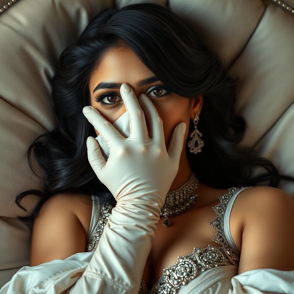 A sexy Indian woman is portrayed in a captivating mistress outfit, adorned with luxurious details