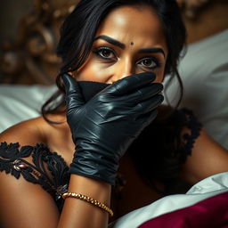 A sexy Indian woman is portrayed in a captivating mistress outfit, adorned with luxurious details