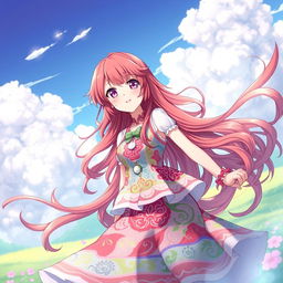 A vibrant and beautiful red-haired girl wearing a stylish anime dress, full of flowing elements and colorful patterns