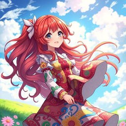 A vibrant and beautiful red-haired girl wearing a stylish anime dress, full of flowing elements and colorful patterns