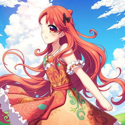 A vibrant and beautiful red-haired girl wearing a stylish anime dress, full of flowing elements and colorful patterns