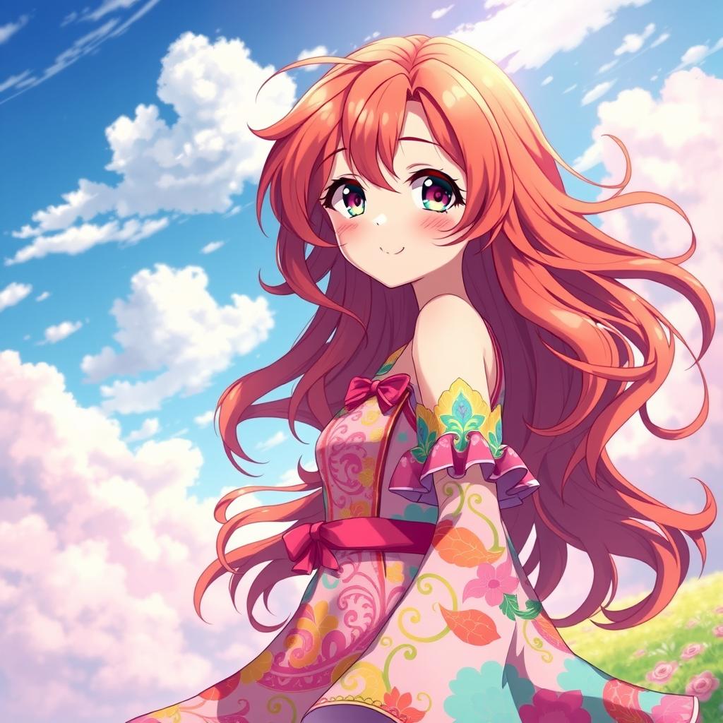 A vibrant and beautiful red-haired girl wearing a stylish anime dress, full of flowing elements and colorful patterns