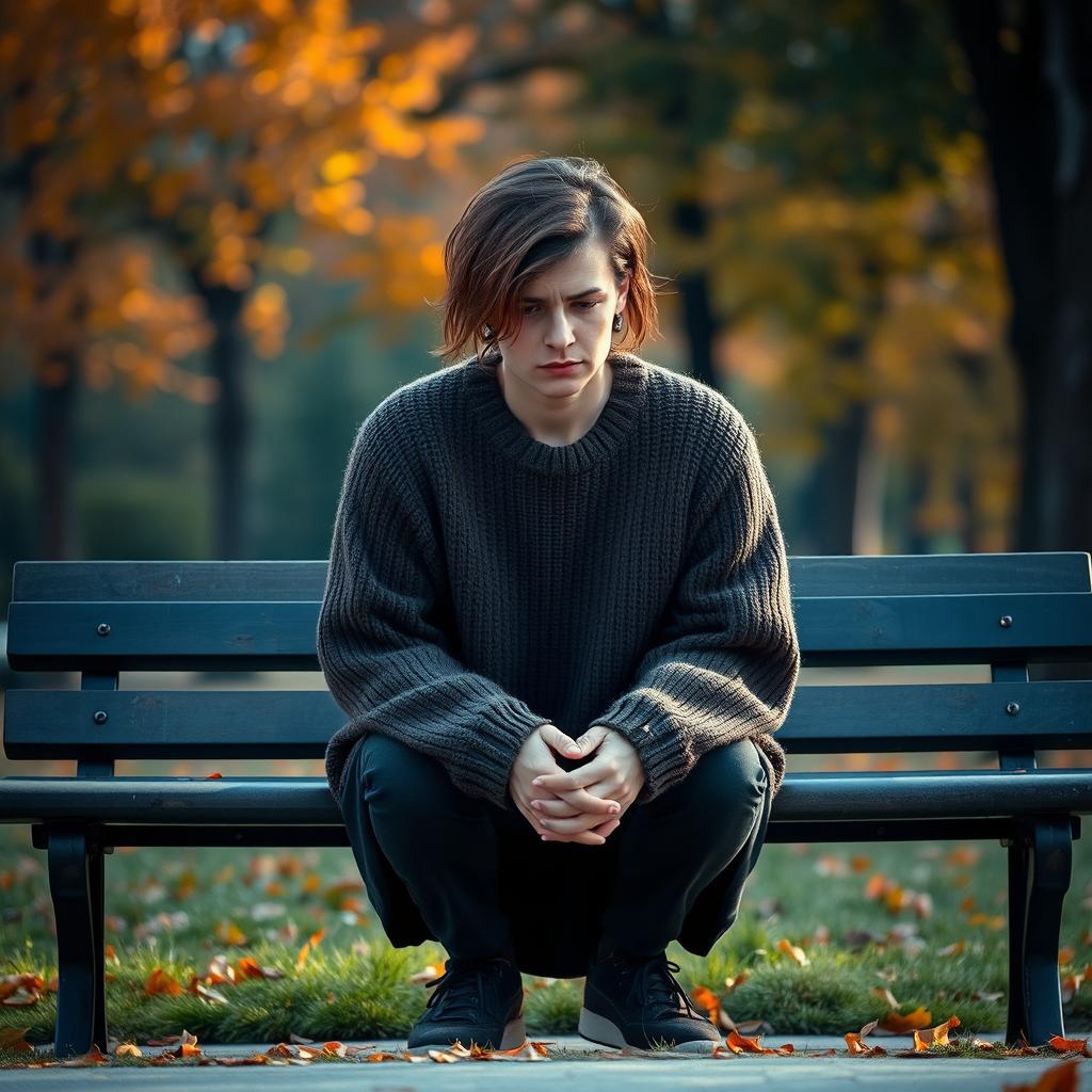 A person sitting alone on a park bench, wearing a cozy, oversized sweater, with a sad expression on their face