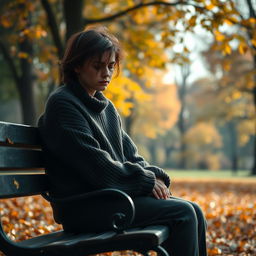 A person sitting alone on a park bench, wearing a cozy, oversized sweater, with a sad expression on their face