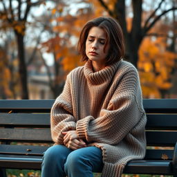 A person sitting alone on a park bench, wearing a cozy, oversized sweater, with a sad expression on their face
