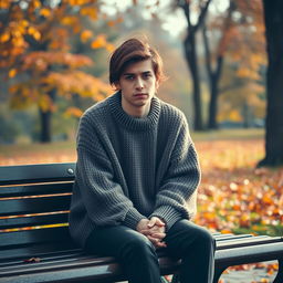 A person sitting alone on a park bench, wearing a cozy, oversized sweater, with a sad expression on their face