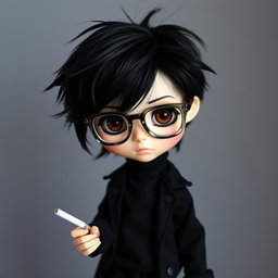 A blythe doll styled as a boy, featuring stylish messy black hair and expressive brown eyes