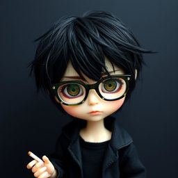 A blythe doll styled as a boy, featuring stylish messy black hair and expressive brown eyes