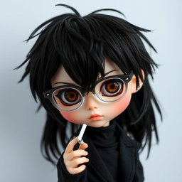 A blythe doll styled as a boy, featuring stylish messy black hair and expressive brown eyes