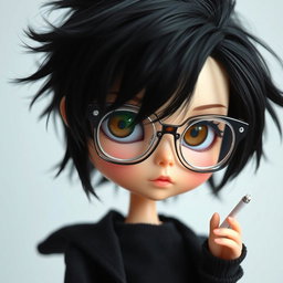 A blythe doll styled as a boy, featuring stylish messy black hair and expressive brown eyes