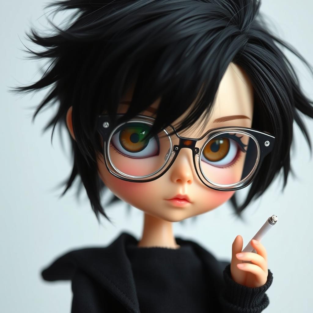 A blythe doll styled as a boy, featuring stylish messy black hair and expressive brown eyes