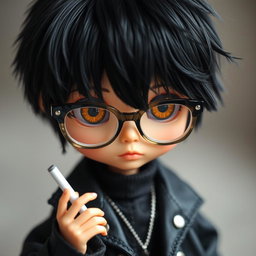 A stylish Blythe doll designed as a boy, featuring striking black hair and warm brown eyes