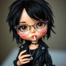 A stylish Blythe doll designed as a boy, featuring striking black hair and warm brown eyes