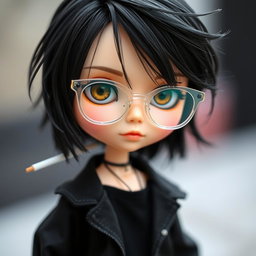 A stylish Blythe doll designed as a boy, featuring striking black hair and warm brown eyes