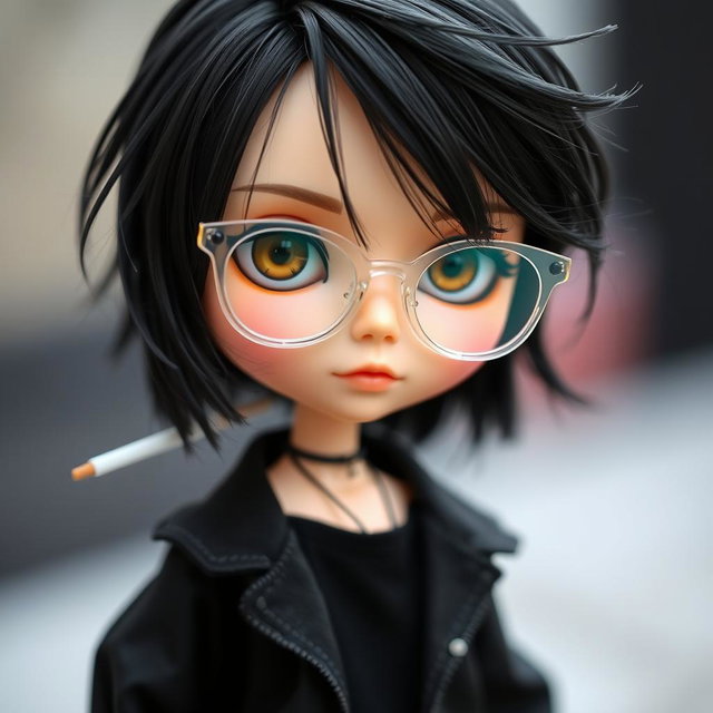 A stylish Blythe doll designed as a boy, featuring striking black hair and warm brown eyes