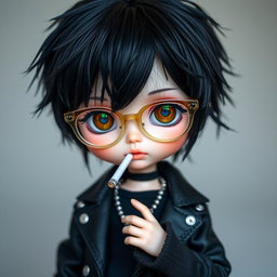 A stylish Blythe doll designed as a boy, featuring striking black hair and warm brown eyes