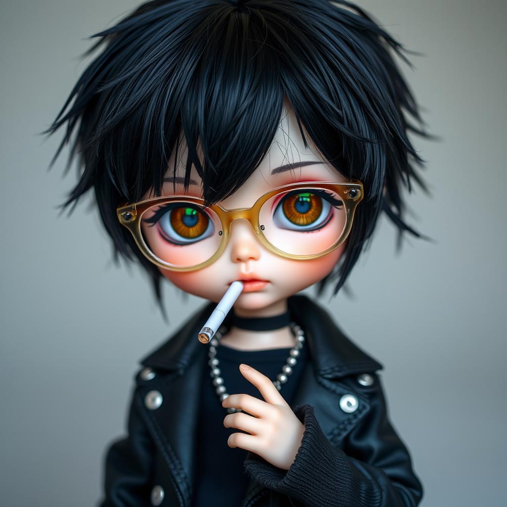 A stylish Blythe doll designed as a boy, featuring striking black hair and warm brown eyes