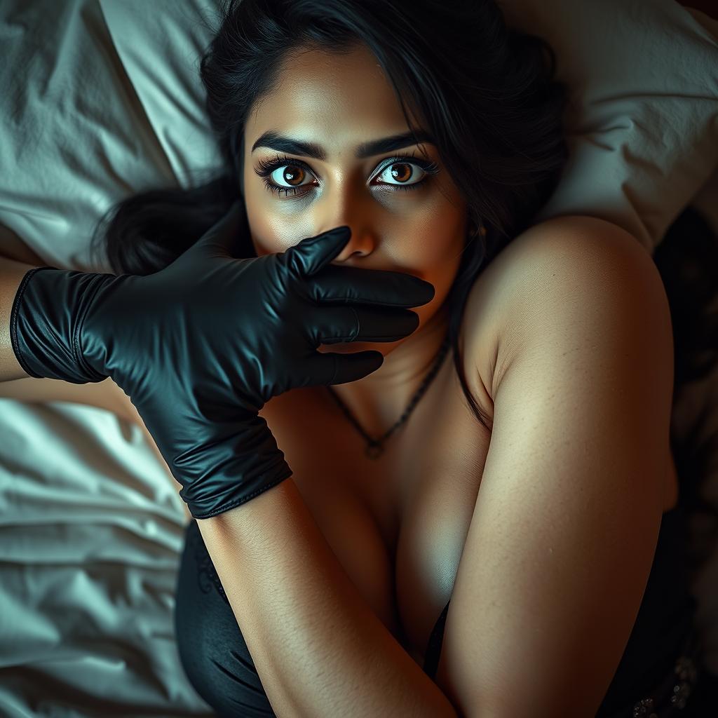 A sexy Indian woman is portrayed in an alluring mistress outfit, elegantly accentuating her curves