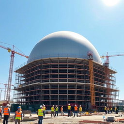 A large construction site featuring a cap-shaped building under construction, surrounded by scaffolding and construction cranes