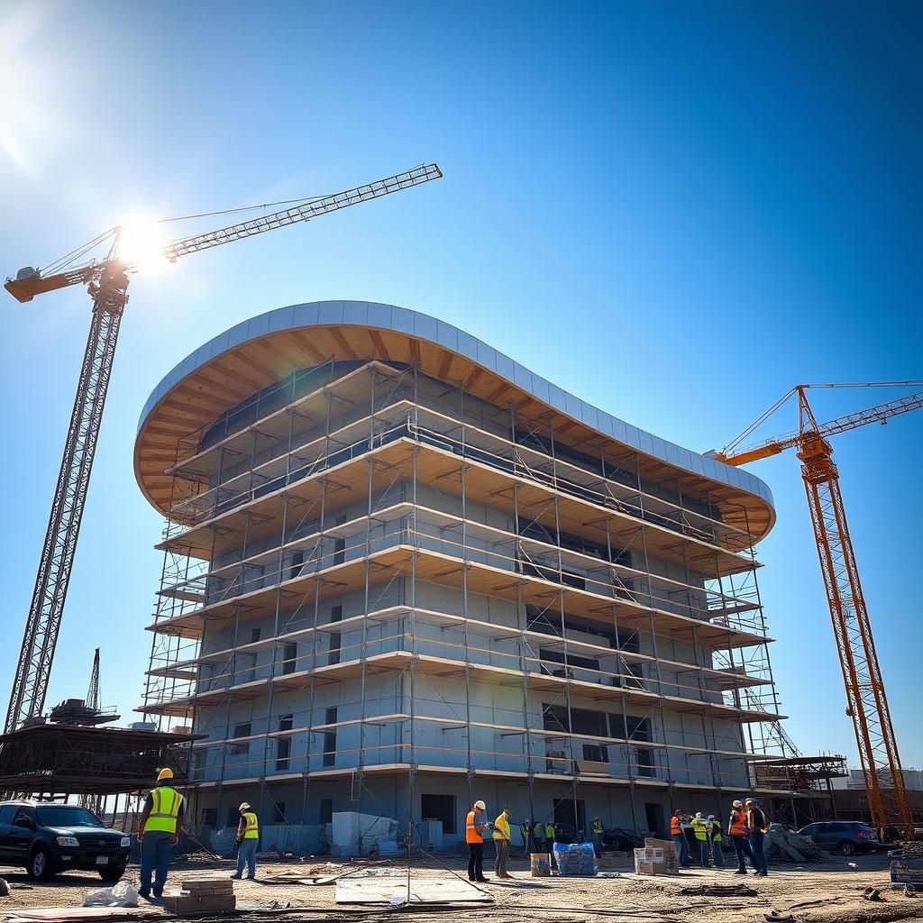 A large construction site featuring a cap-shaped building under construction, surrounded by scaffolding and construction cranes