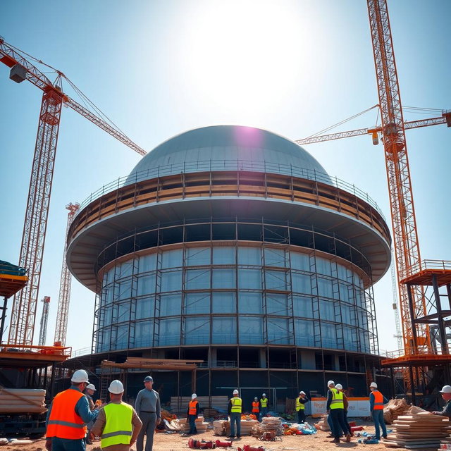 A large construction site featuring a cap-shaped building under construction, surrounded by scaffolding and construction cranes