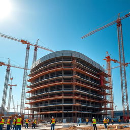 A large construction site featuring a cap-shaped building under construction, surrounded by scaffolding and construction cranes