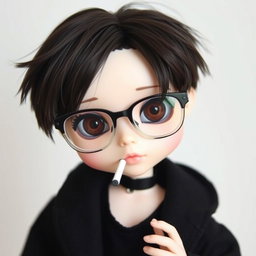 A unique boy Blythe doll with striking dark brown hair styled messily with bangs, captivating dark brown eyes, and wearing transparent glasses
