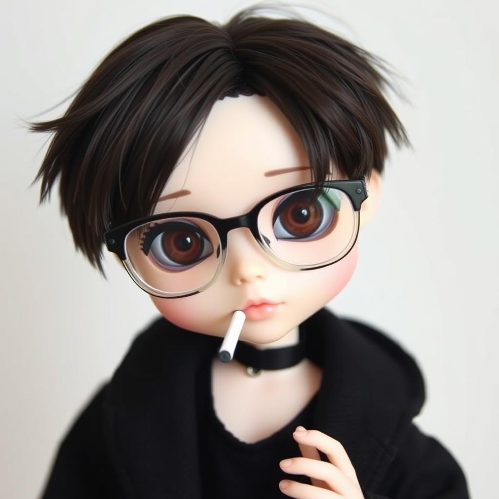 A unique boy Blythe doll with striking dark brown hair styled messily with bangs, captivating dark brown eyes, and wearing transparent glasses