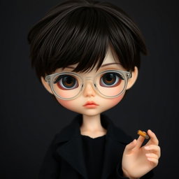A unique boy Blythe doll with striking dark brown hair styled messily with bangs, captivating dark brown eyes, and wearing transparent glasses
