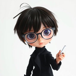 A unique boy Blythe doll with striking dark brown hair styled messily with bangs, captivating dark brown eyes, and wearing transparent glasses