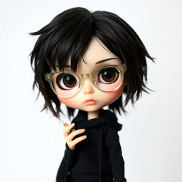 A unique boy Blythe doll with striking dark brown hair styled messily with bangs, captivating dark brown eyes, and wearing transparent glasses