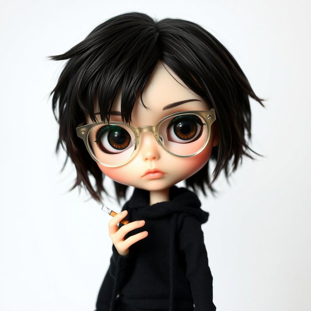 A unique boy Blythe doll with striking dark brown hair styled messily with bangs, captivating dark brown eyes, and wearing transparent glasses