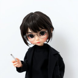 A boy Blythe doll showcasing a unique style, characterized by dark brown hair styled messily with bangs and intense dark brown eyes