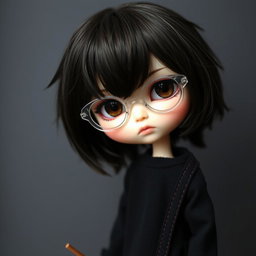 A boy Blythe doll showcasing a unique style, characterized by dark brown hair styled messily with bangs and intense dark brown eyes