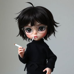 A boy Blythe doll showcasing a unique style, characterized by dark brown hair styled messily with bangs and intense dark brown eyes