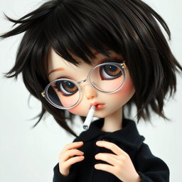 A boy Blythe doll showcasing a unique style, characterized by dark brown hair styled messily with bangs and intense dark brown eyes