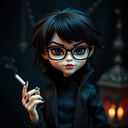 A boy Monster High doll designed as a modern vampire, featuring dark brown hair styled messily with bangs and striking dark brown eyes